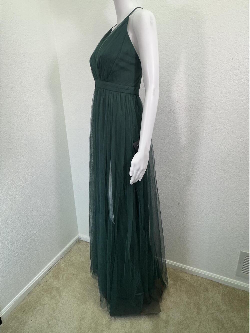 Sz S Lulu’s New Dark Green Tulle Overlay Double Front Slit Backless Maxi Dress - Picture 2 of 8